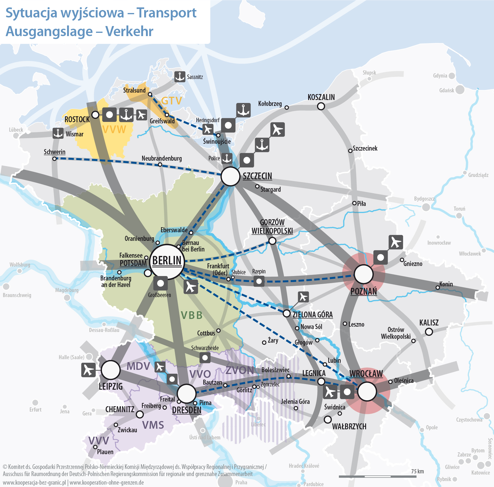 Gemeinsames Zukunftskonzept 2030 - Karte "Ausgangslage - Verkehr" / "Sytuacja wyjściowa - Transport", © BMI/MFiPR
